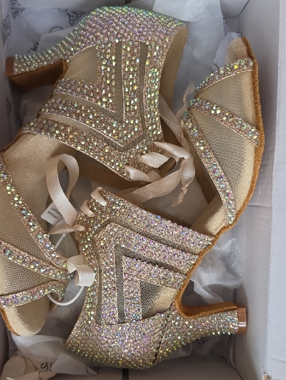 Iridescent Champagne Crystal Dance Heels with Ribbon Tie - Picture 8 of 8
